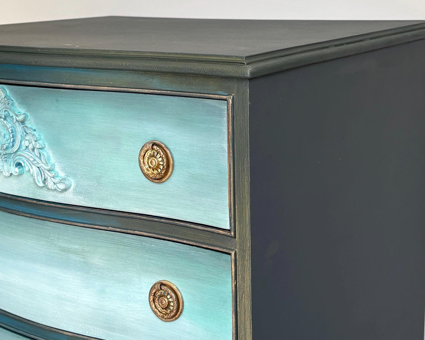 Dark Green, Blue & Metallic Vintage Chest of Drawers, Bow Fronted Mahogany