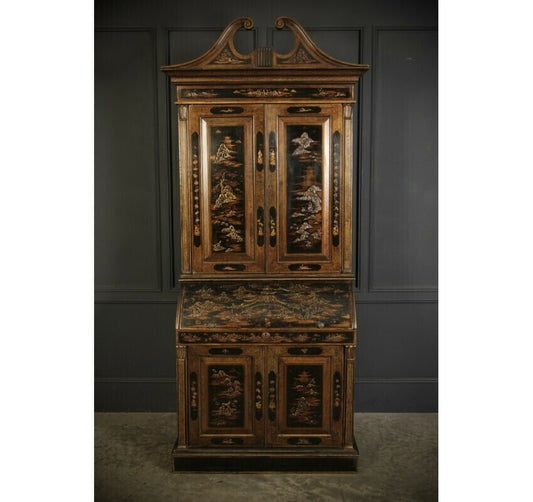 Magnificent Early 19th Century Chinoiserie Black Lacquered Bureau Bookcase