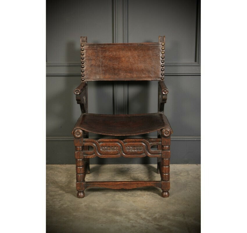 Pair Of Oak And Leather Antique Armchairs