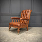 Pair Of Oak & Buttoned Vintage Leather Library Armchairs