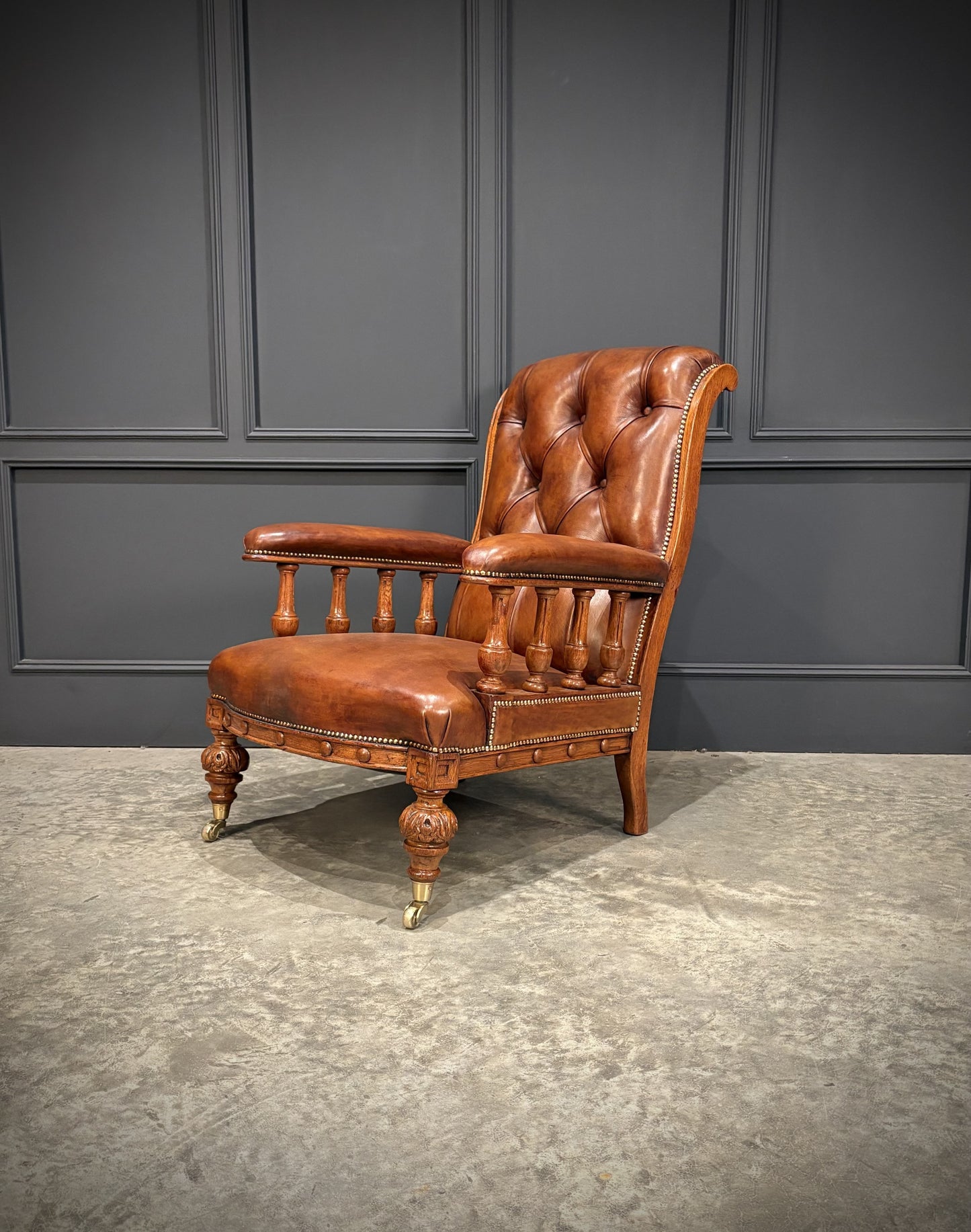 Pair Of Oak & Buttoned Vintage Leather Library Armchairs