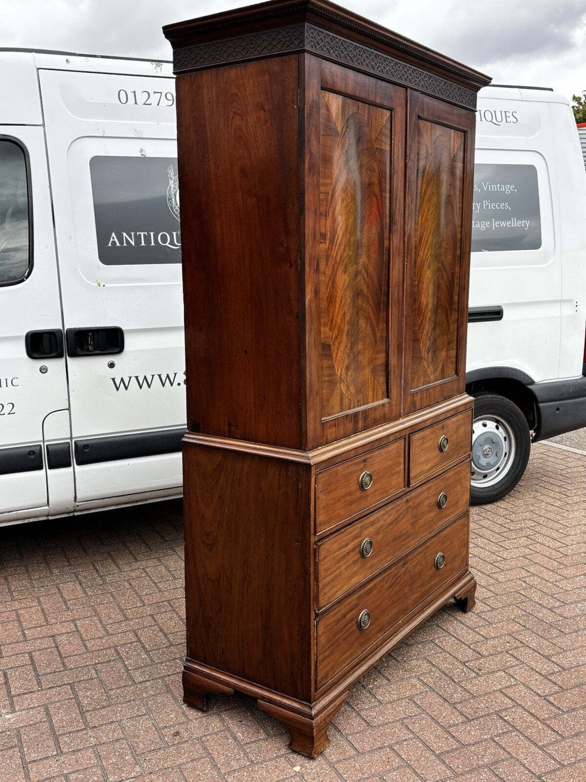 Antique Georgian Flame Mahogany Cupboard & Drawers