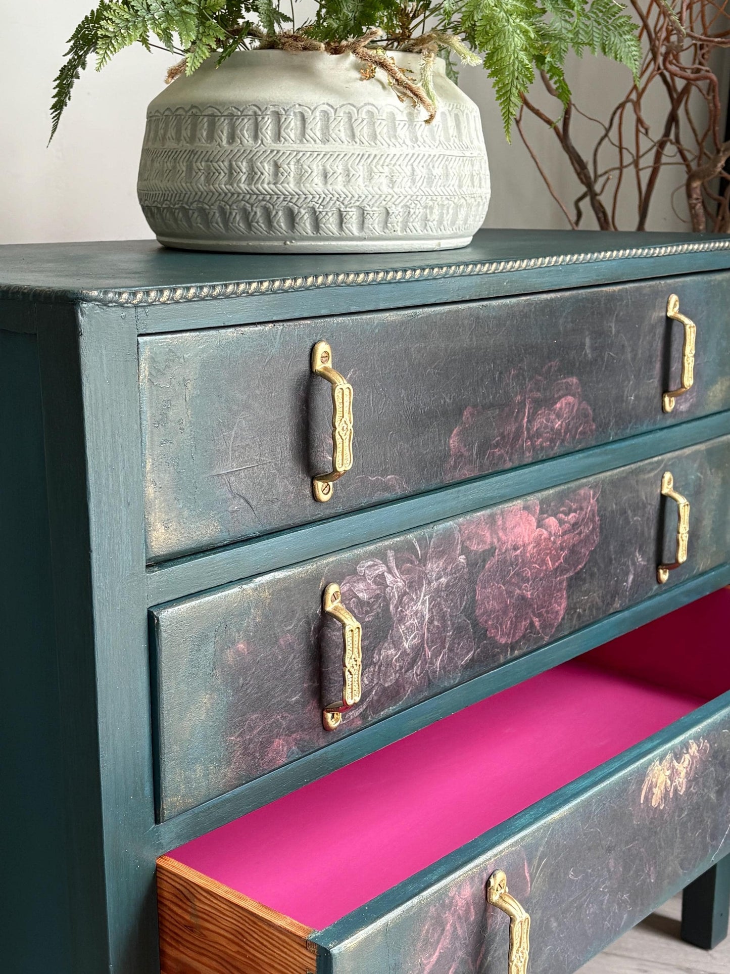 Dark Green and Floral Vintage Oak Chest of Drawers | Hand Painted Dresser
