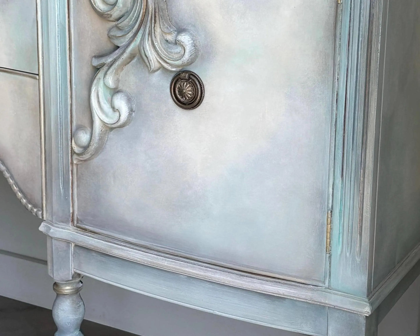Vintage Hand-Painted Sideboard, Ornate French Style Cabinet, Oyster, Grey & Seafoam Storage Unit