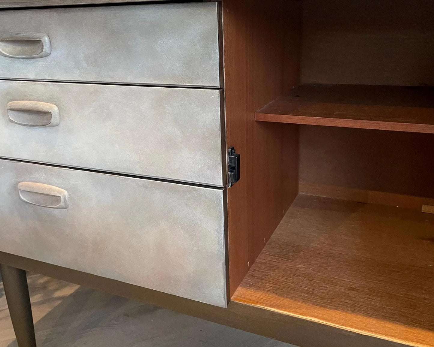 Mid Century Sideboard Hand Painted. Faux Concrete Cabinet, Upcycled Media Console