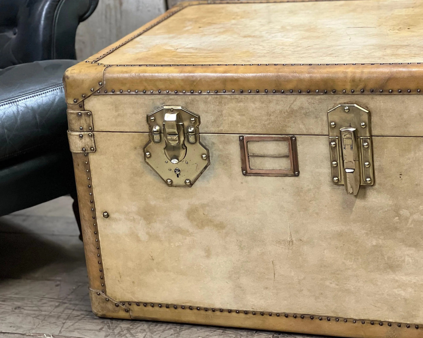 Vintage Vellum Steamer Trunk, 1920s Brass Bound Chest Ottoman