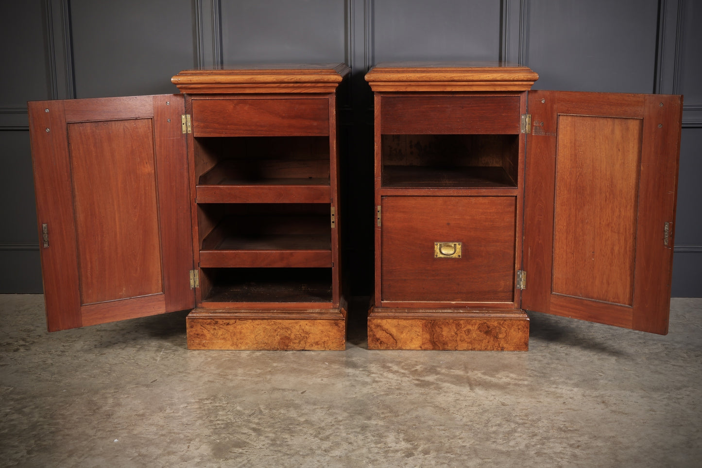 Large Pair Of Vintage Figured Walnut Pedestal Cabinets