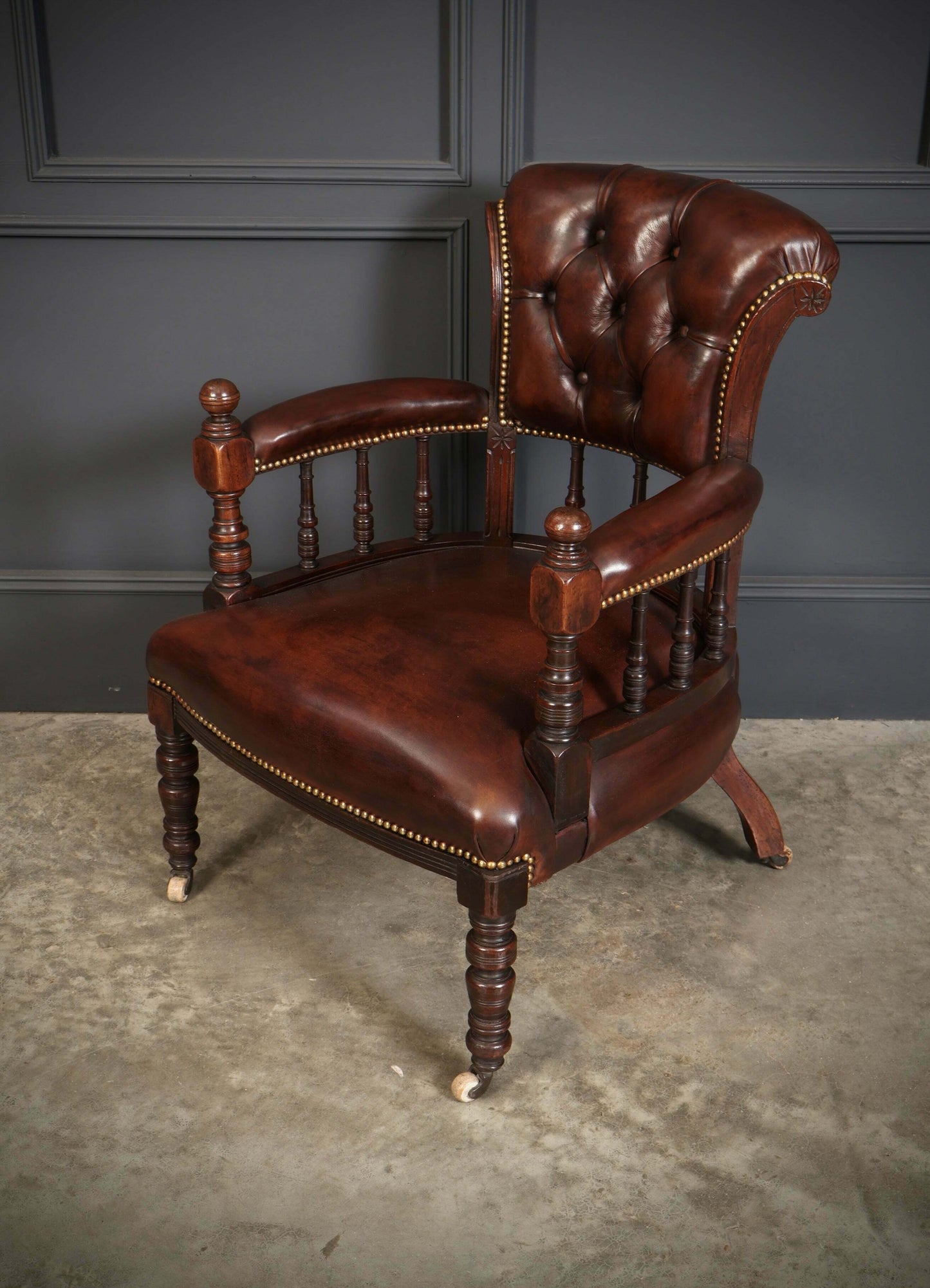 Pair Of Vintage Victorian Mahogany & Buttoned Leather Captains Desk Chairs