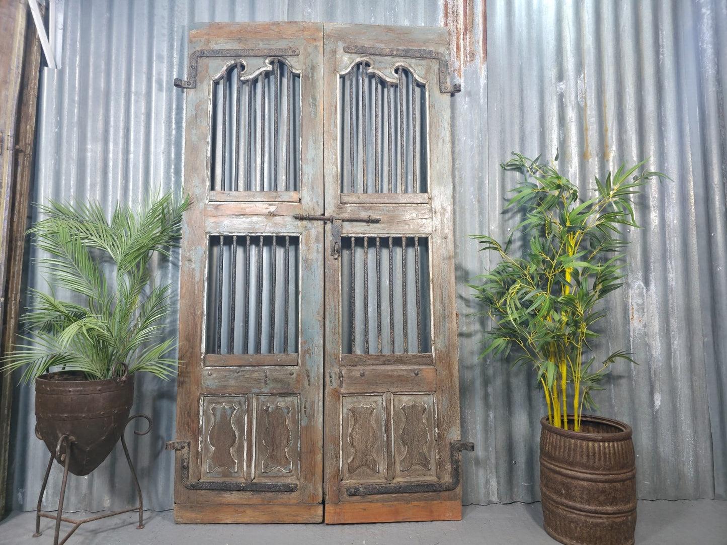 Vintage Pair of Rustic Indian Wooden Iron Doors Garden Gates Room Divider Screen