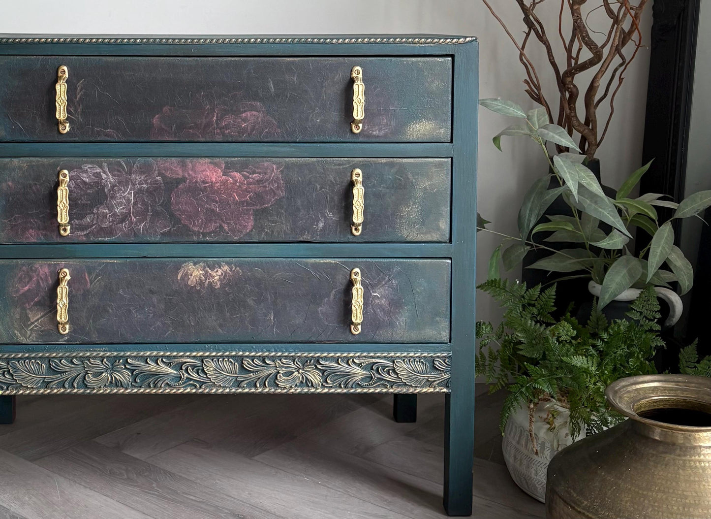 Dark Green and Floral Vintage Oak Chest of Drawers | Hand Painted Dresser