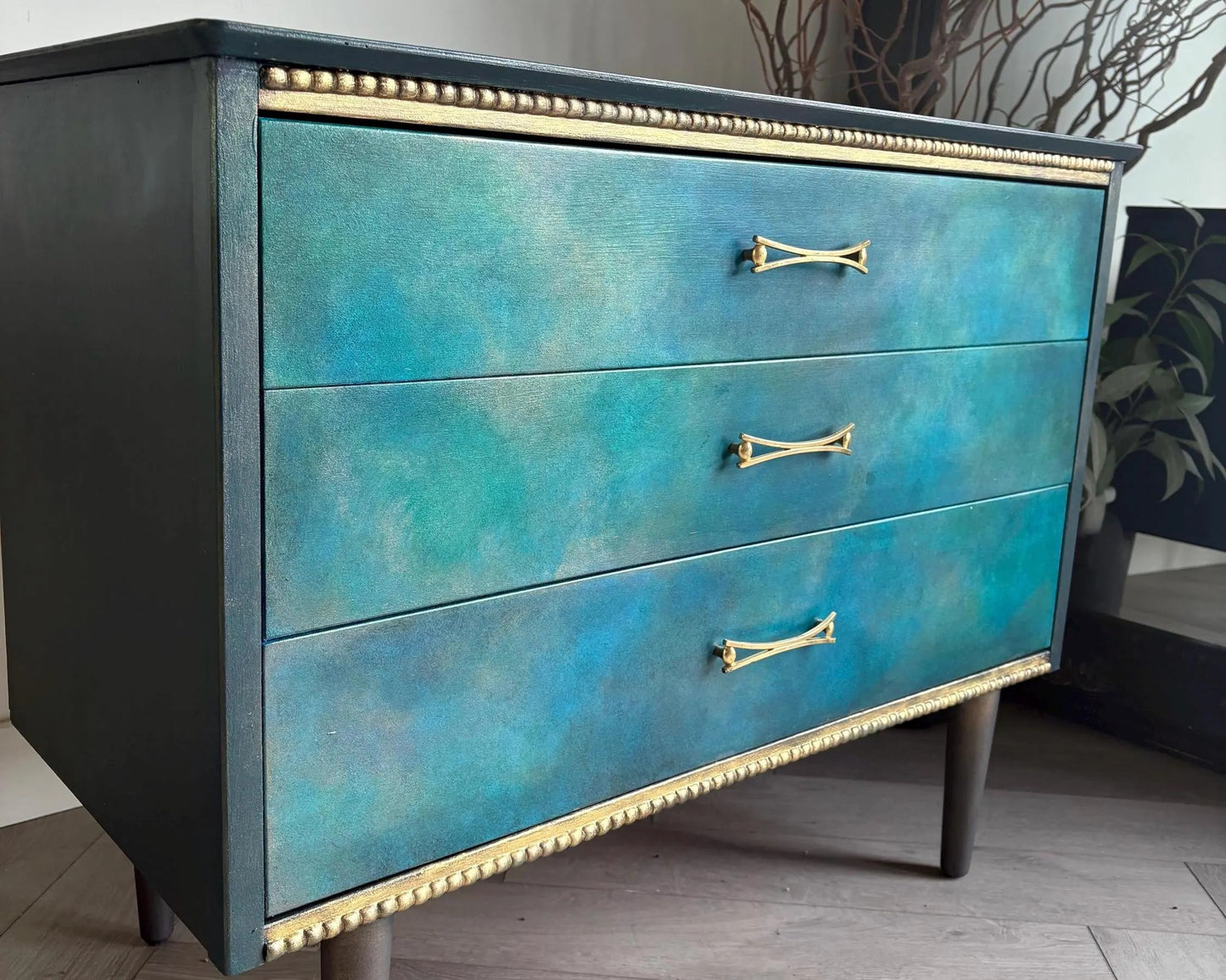 Blue, Teal & Green Vintage Chest of Drawers, Hand Painted Mid Century Dresser