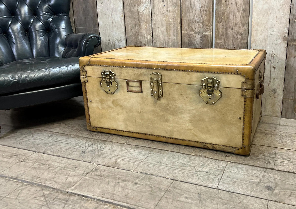Vintage Vellum Steamer Trunk, 1920s Brass Bound Chest Ottoman