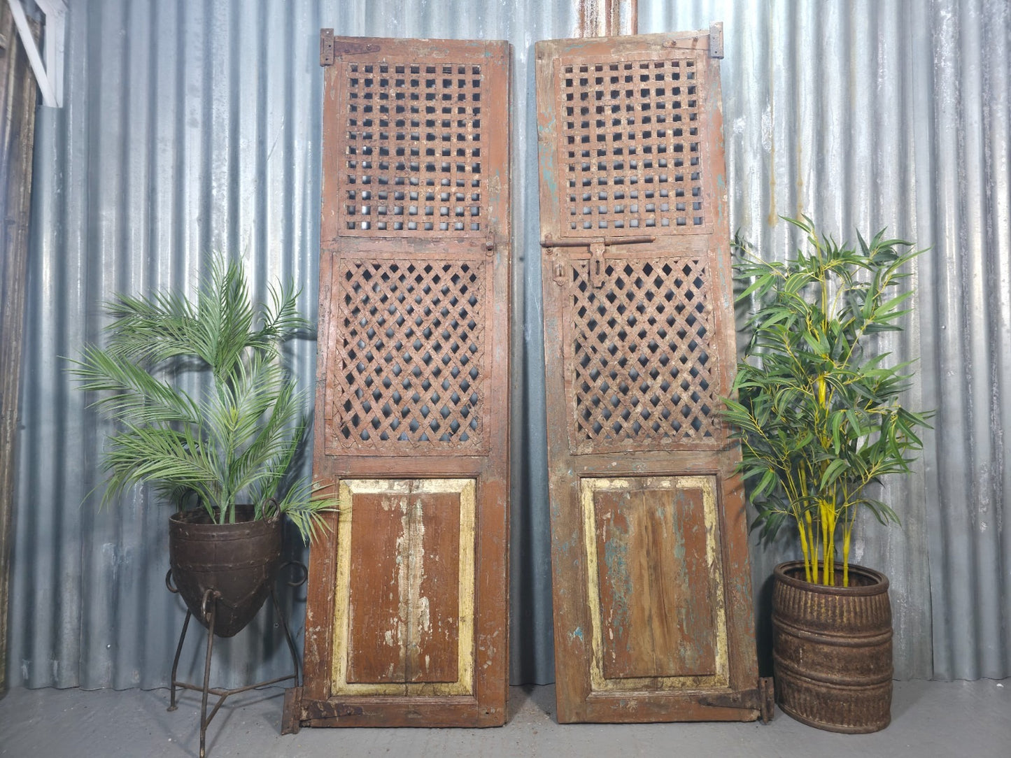 Pair Vintage Rustic Indian Wooden Iron Doors Garden Gates Room Divider Screen