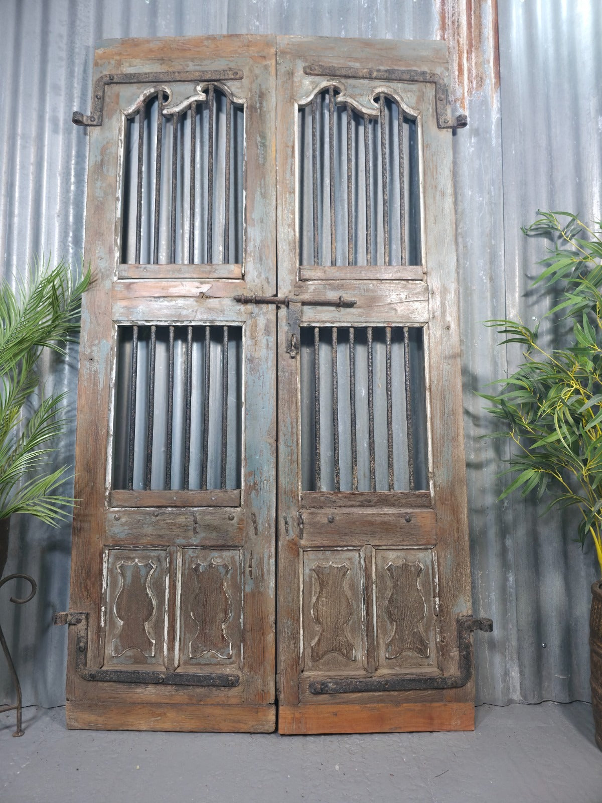 Vintage Pair of Rustic Indian Wooden Iron Doors Garden Gates Room Divider Screen