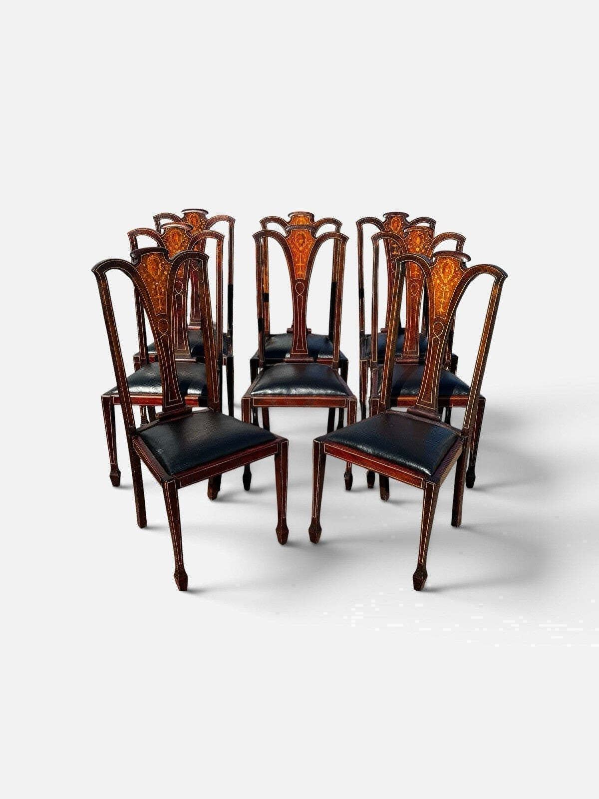 Set of 8 Art Noveau Marquetry Inlaid Mahogany Dining Chairs, New Upholstery.