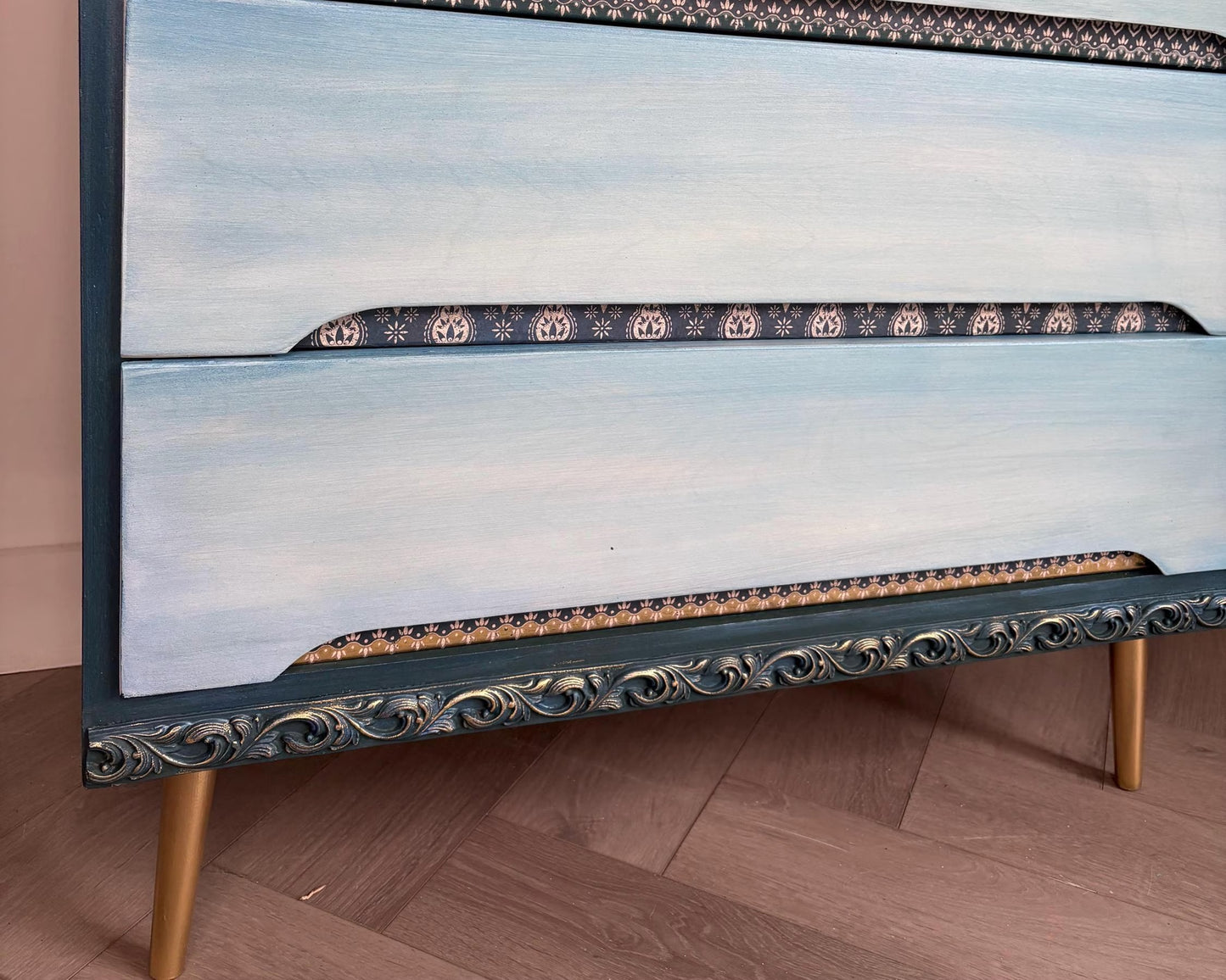 Blue Mid Century Chest of Drawers with Tapered Gold Legs. Boho Style