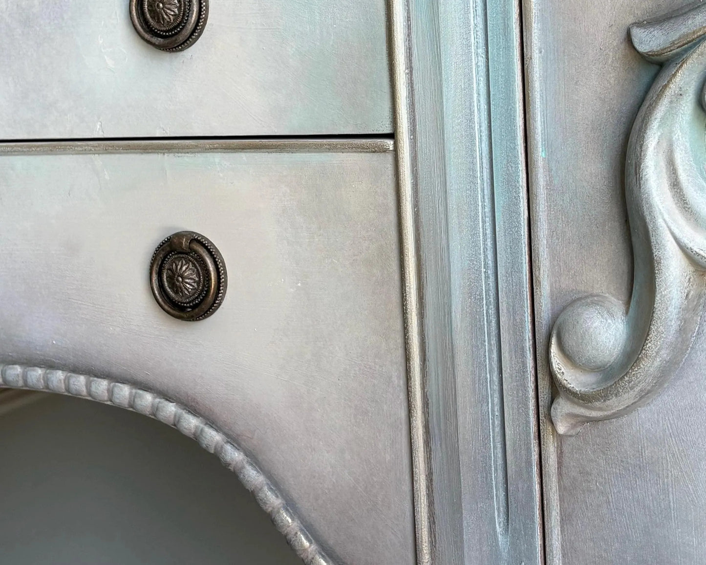 Vintage Hand-Painted Sideboard, Ornate French Style Cabinet, Oyster, Grey & Seafoam Storage Unit