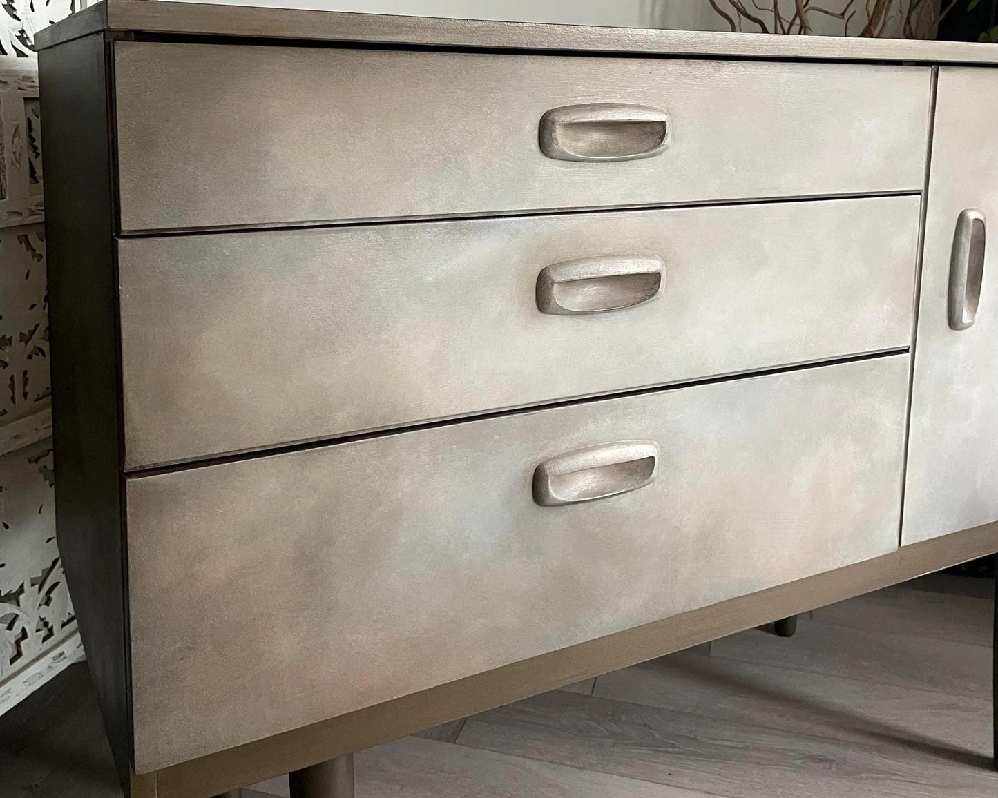 Mid Century Sideboard Hand Painted. Faux Concrete Cabinet, Upcycled Media Console