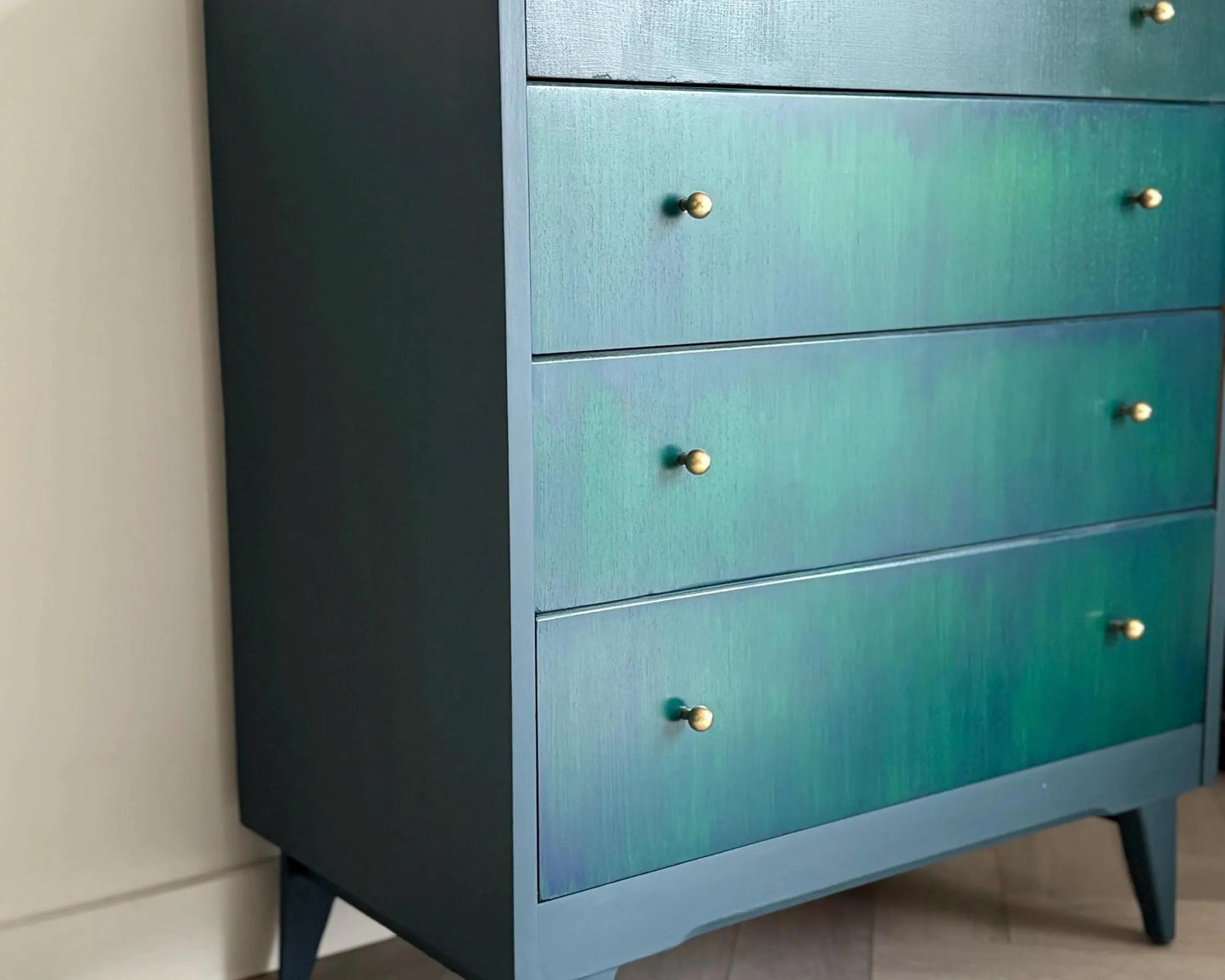 Green Blue & Teal Lebus Chest of Drawers. Vintage Upcycled Mid-Century Furniture