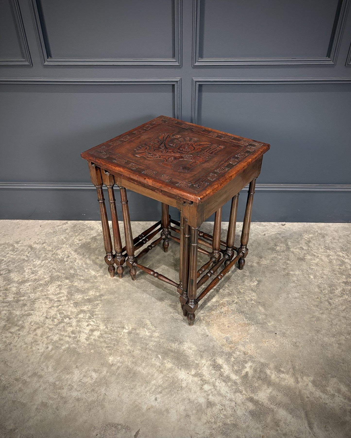 Nest Of Three Embossed Carved Leather Top Tables