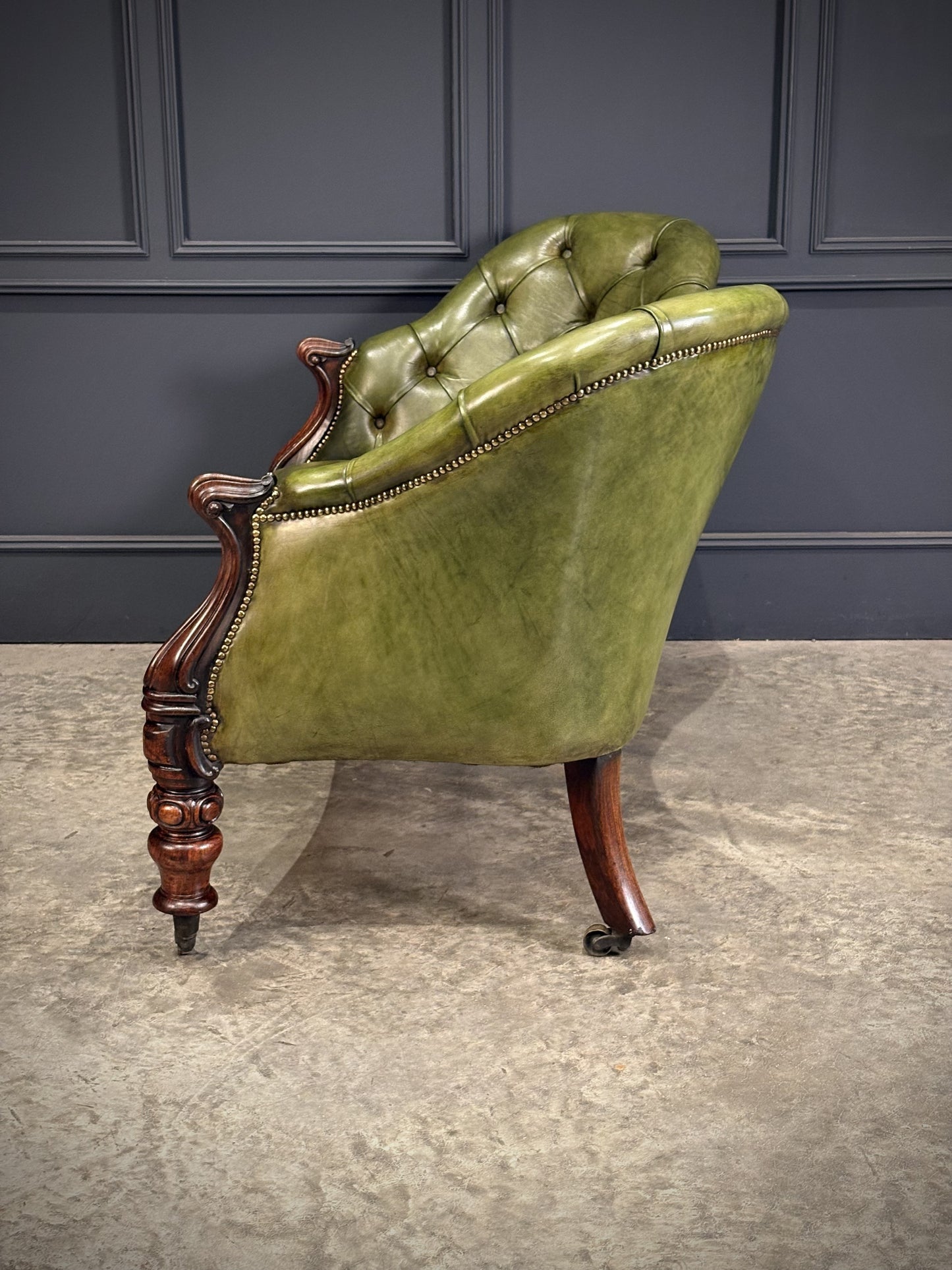 Vintage Victorian Green Buttoned Leather Double Spoon Back Sofa