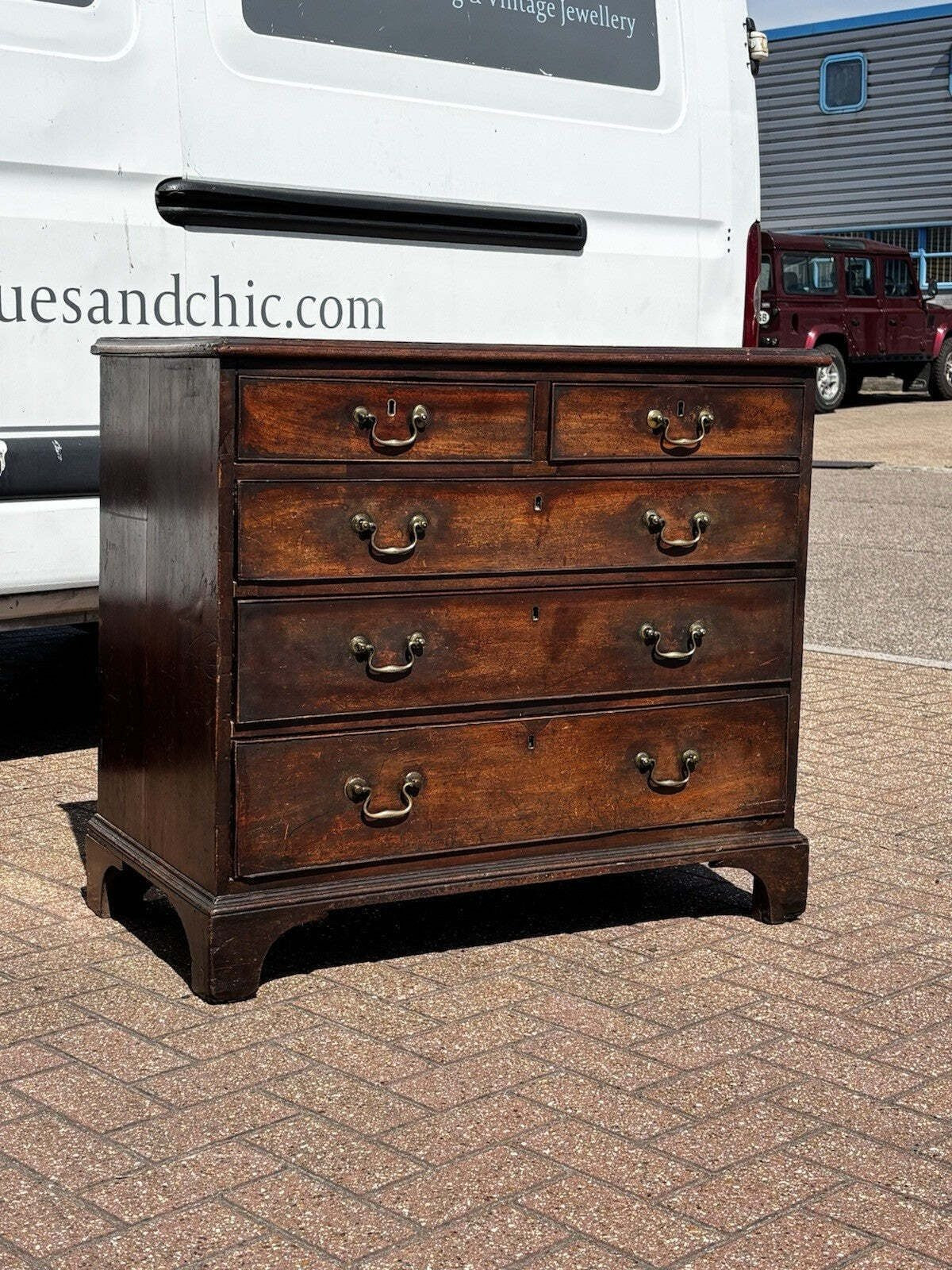Vintage Georgian Mahogany Chest Of Drawers. Brass Handles, Bracket Feet.