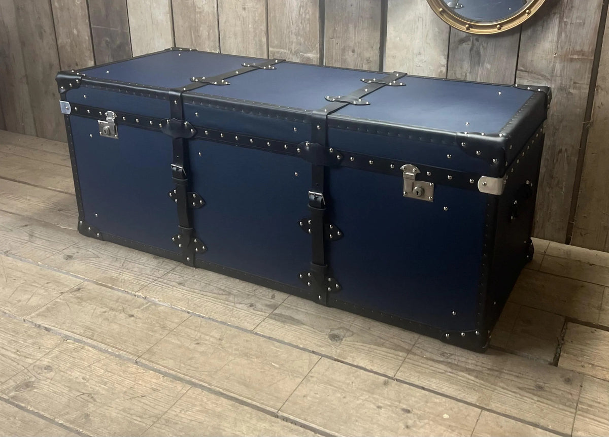 Handmade Leather Blue Ottoman Vintage Storage Chests, Custom Made Furniture