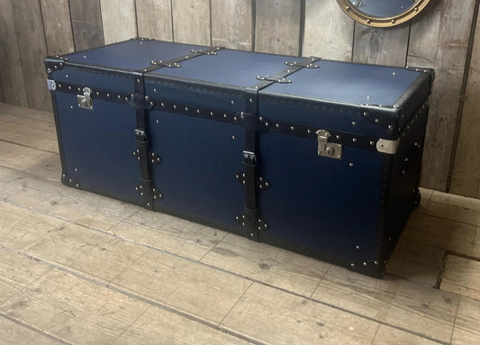 Handmade Leather Blue Ottoman Vintage Storage Chests, Custom Made Furniture