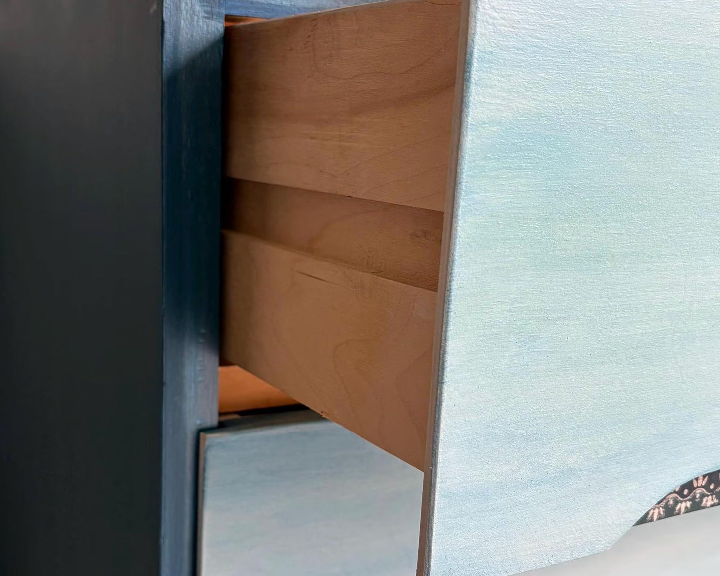 Blue Mid Century Chest of Drawers with Tapered Gold Legs. Boho Style