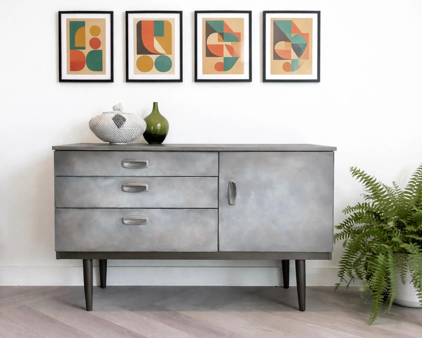 Mid Century Sideboard Hand Painted. Faux Concrete Cabinet, Upcycled Media Console