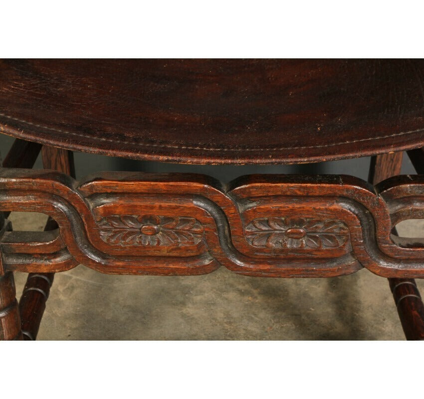 Pair Of Oak And Leather Antique Armchairs