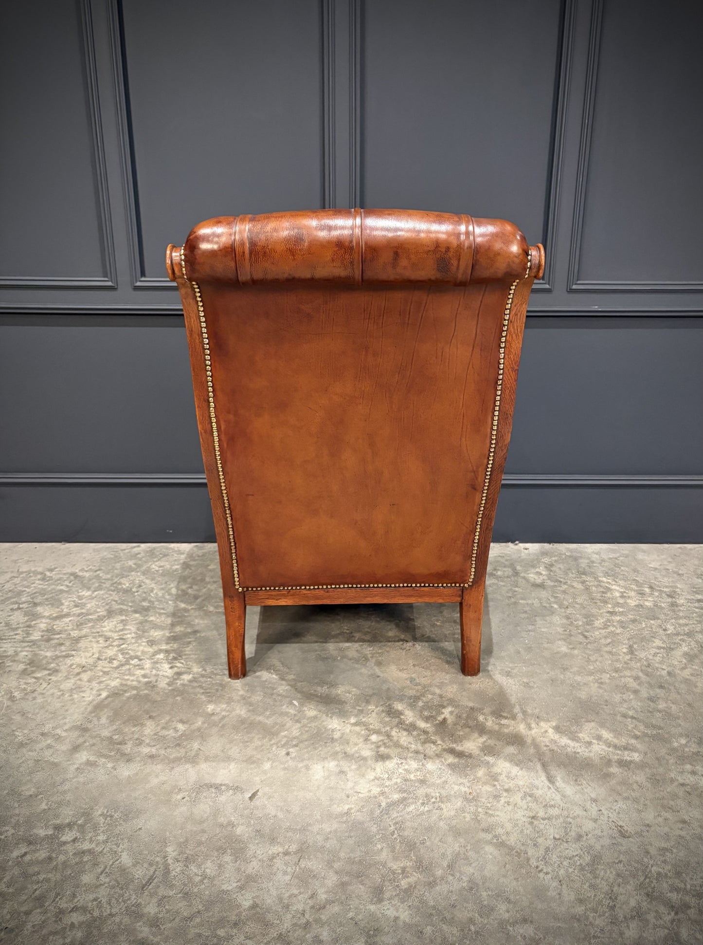 Pair Of Oak & Buttoned Vintage Leather Library Armchairs