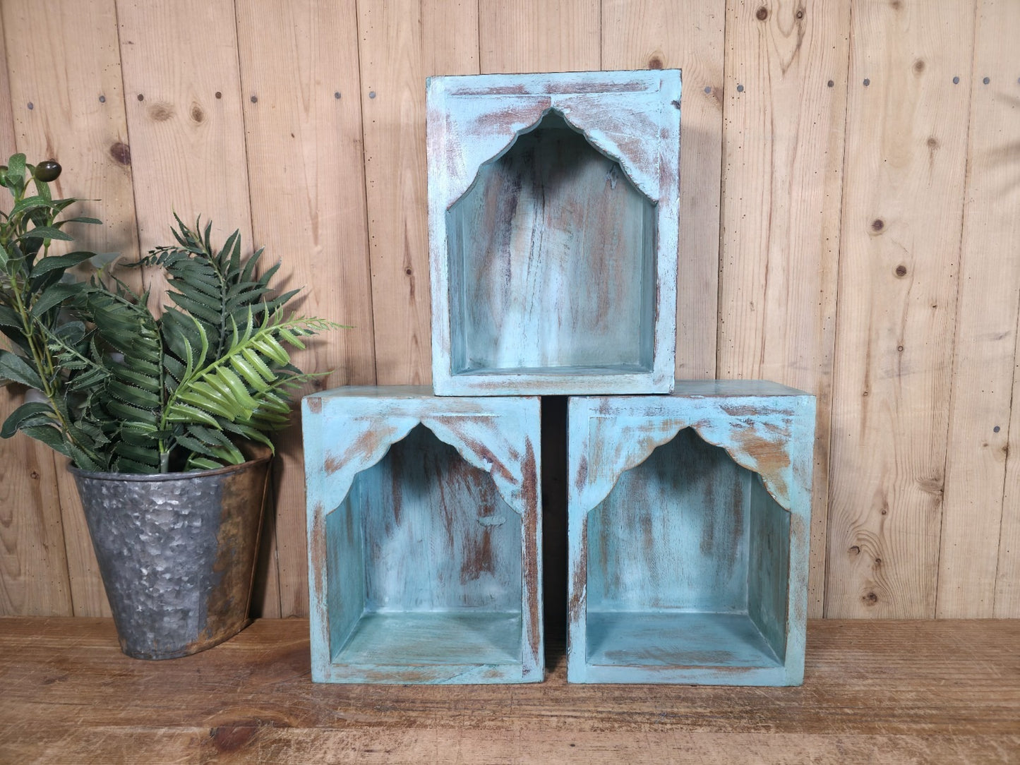 Vintage Rustic Reclaimed Indian Wooden Arched Temple Shelf Wall Display Shelves