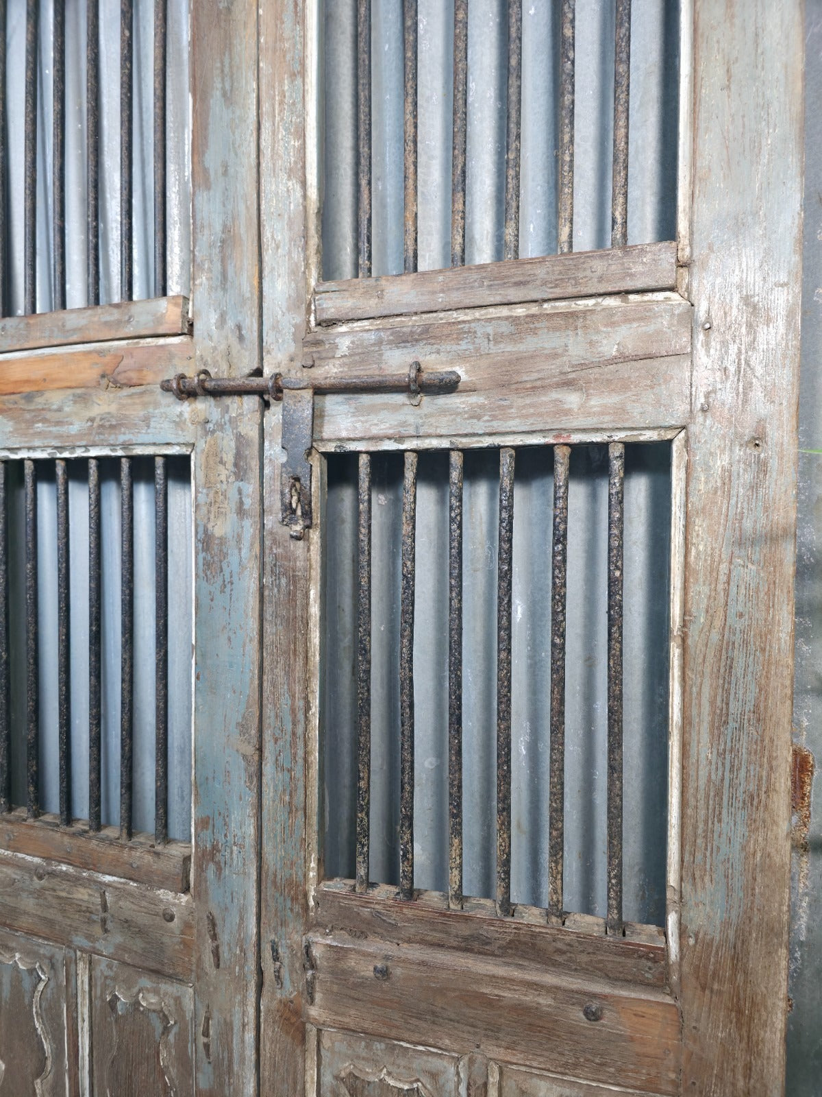 Vintage Pair of Rustic Indian Wooden Iron Doors Garden Gates Room Divider Screen