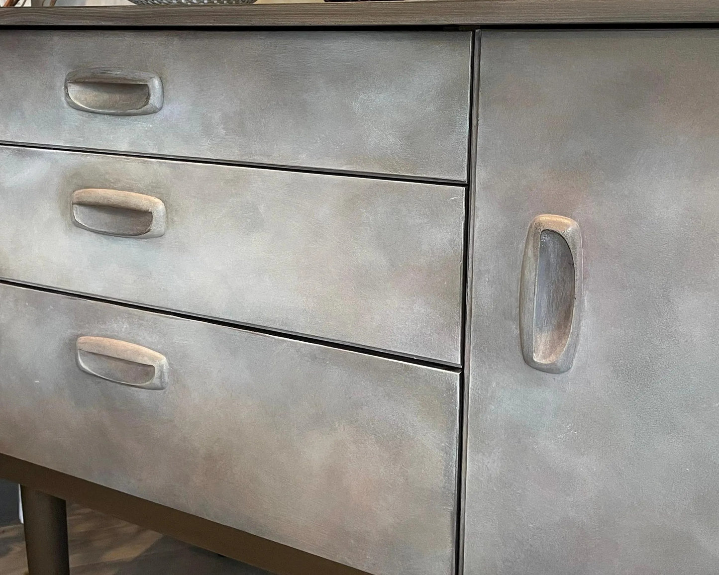 Mid Century Sideboard Hand Painted. Faux Concrete Cabinet, Upcycled Media Console