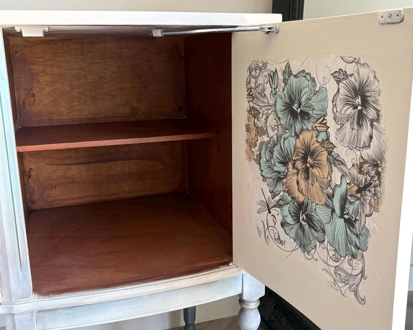 Vintage Hand-Painted Sideboard, Ornate French Style Cabinet, Oyster, Grey & Seafoam Storage Unit