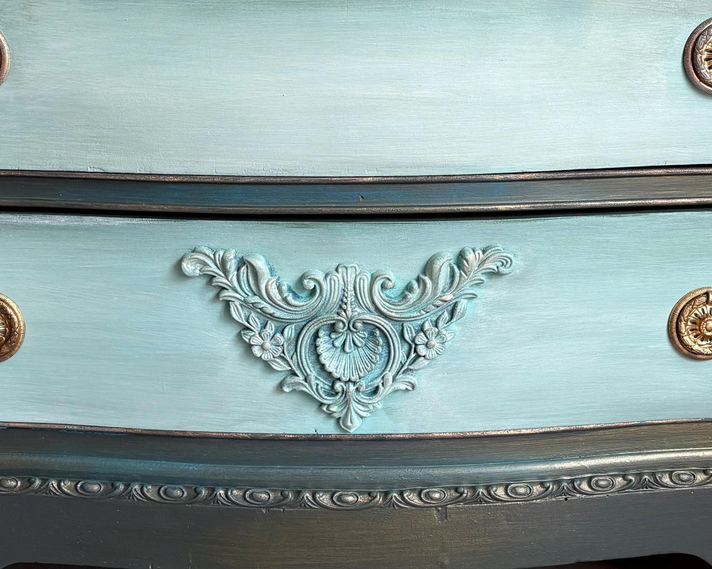 Dark Green, Blue & Metallic Vintage Chest of Drawers, Bow Fronted Mahogany