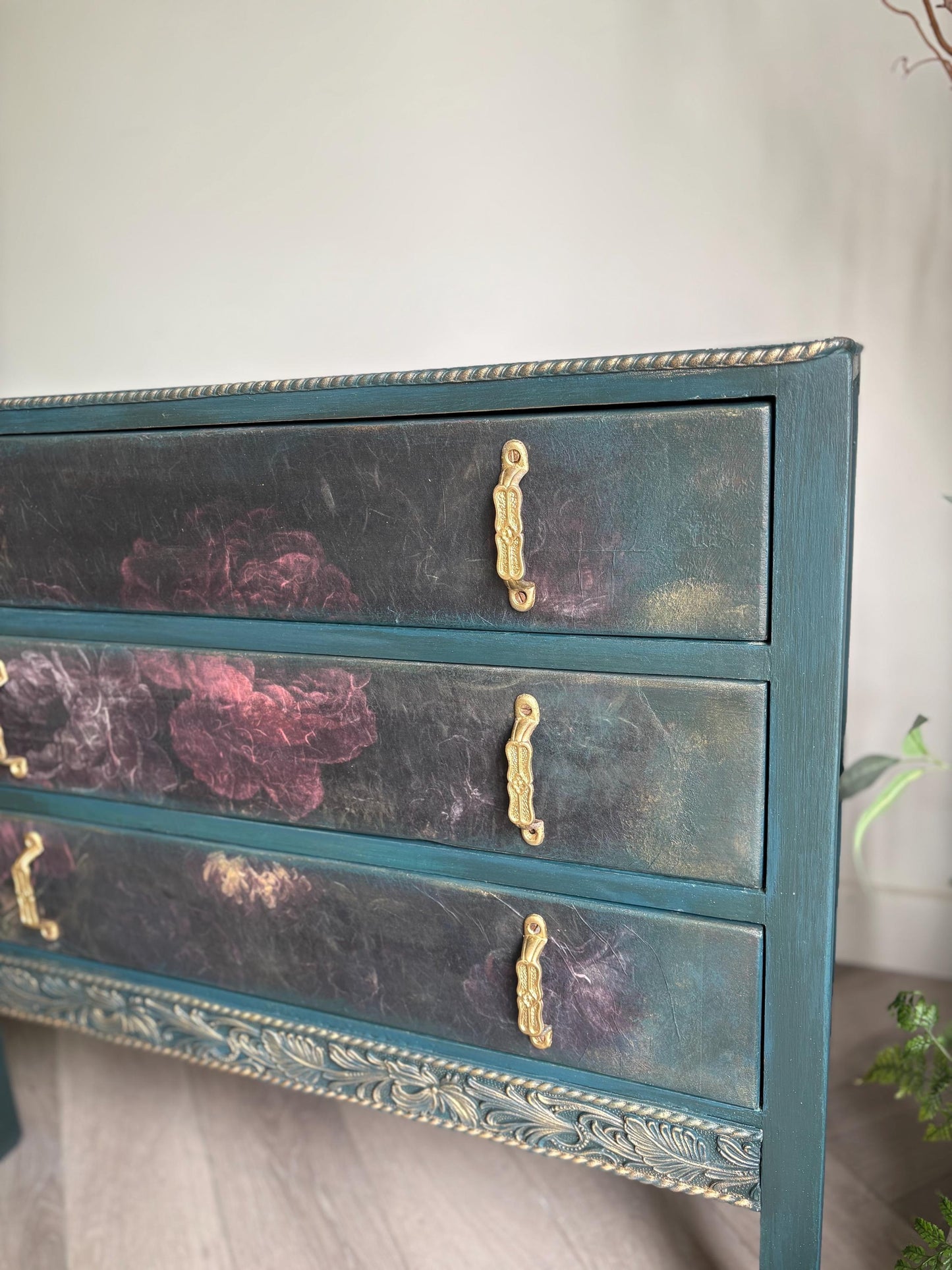 Dark Green and Floral Vintage Oak Chest of Drawers | Hand Painted Dresser