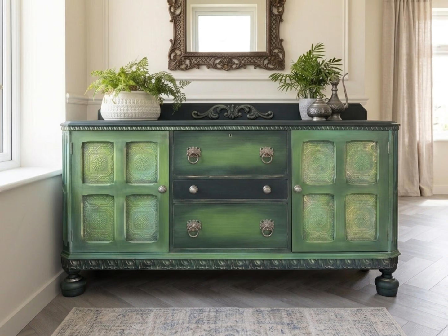 Hand Painted Oak Sideboard | Upcycled Dark Green Storage Vintage Cabinet