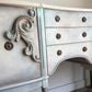 Vintage Hand-Painted Sideboard, Ornate French Style Cabinet, Oyster, Grey & Seafoam Storage Unit