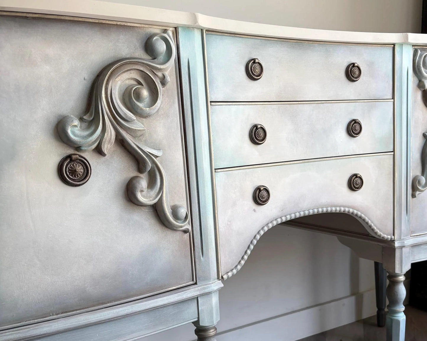 Vintage Hand-Painted Sideboard, Ornate French Style Cabinet, Oyster, Grey & Seafoam Storage Unit