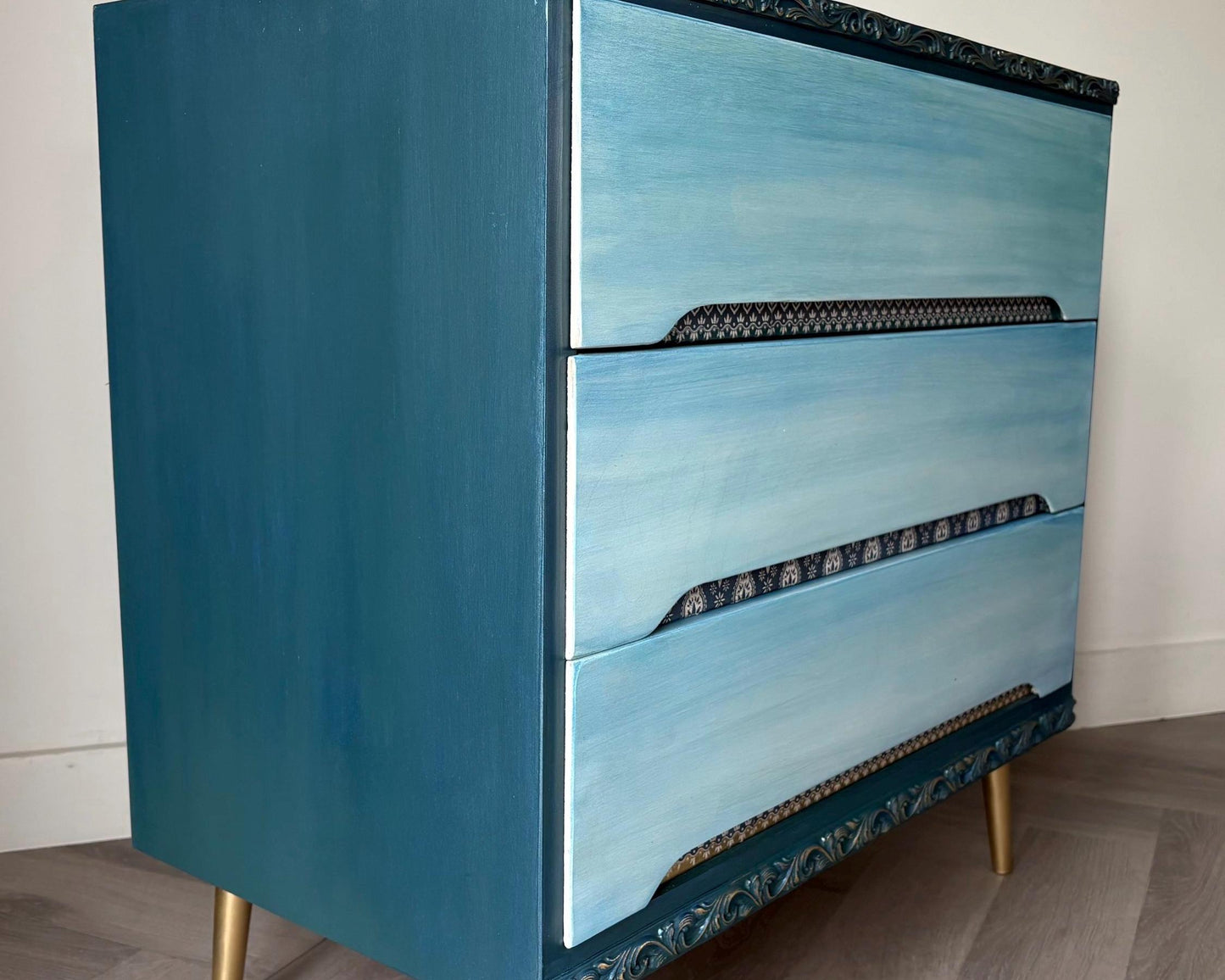 Blue Mid Century Chest of Drawers with Tapered Gold Legs. Boho Style