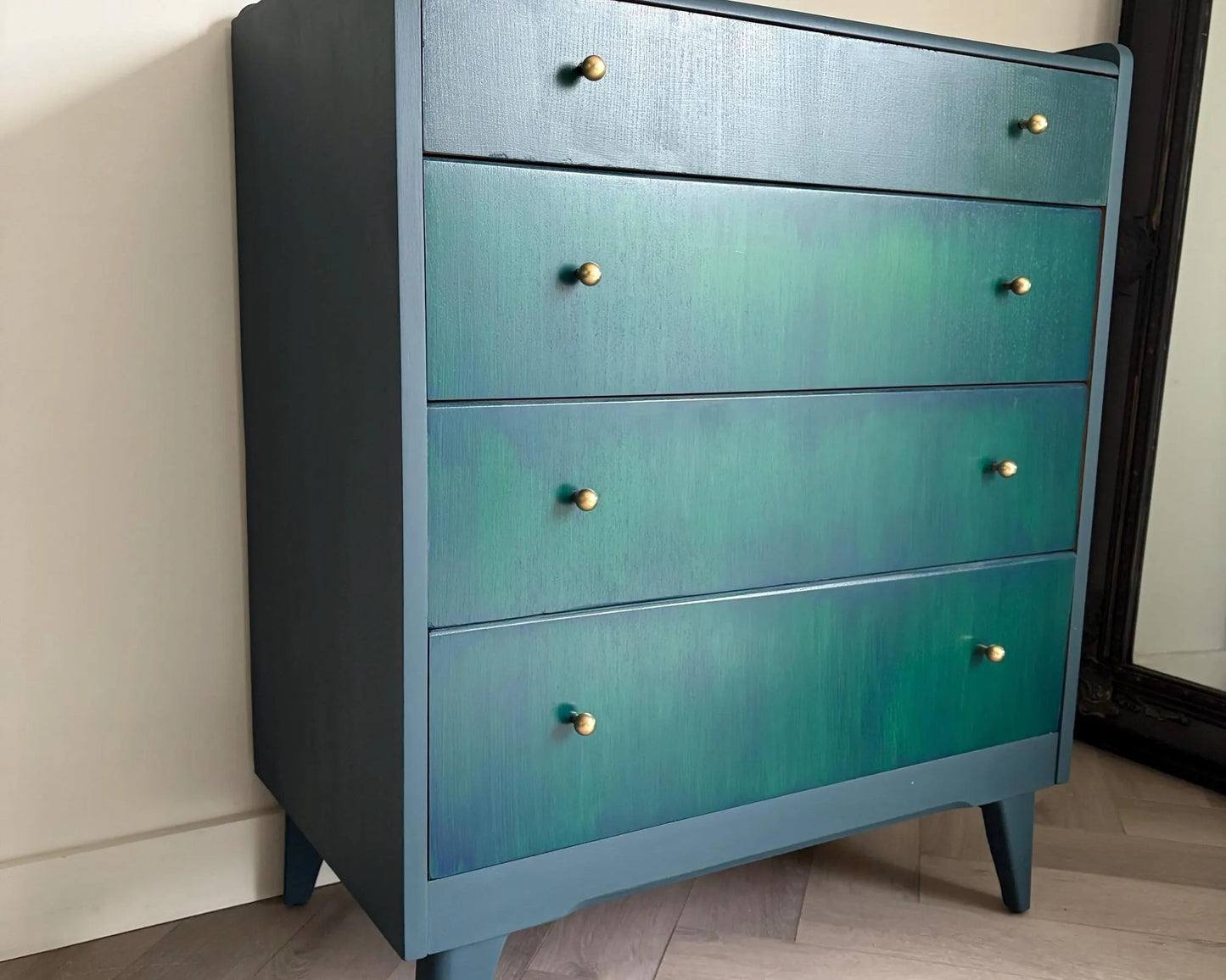 Green Blue & Teal Lebus Chest of Drawers. Vintage Upcycled Mid-Century Furniture