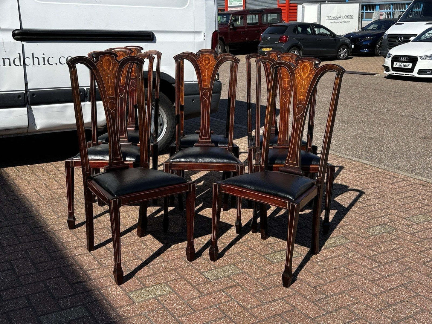 Set of 8 Art Noveau Marquetry Inlaid Mahogany Dining Chairs, New Upholstery.