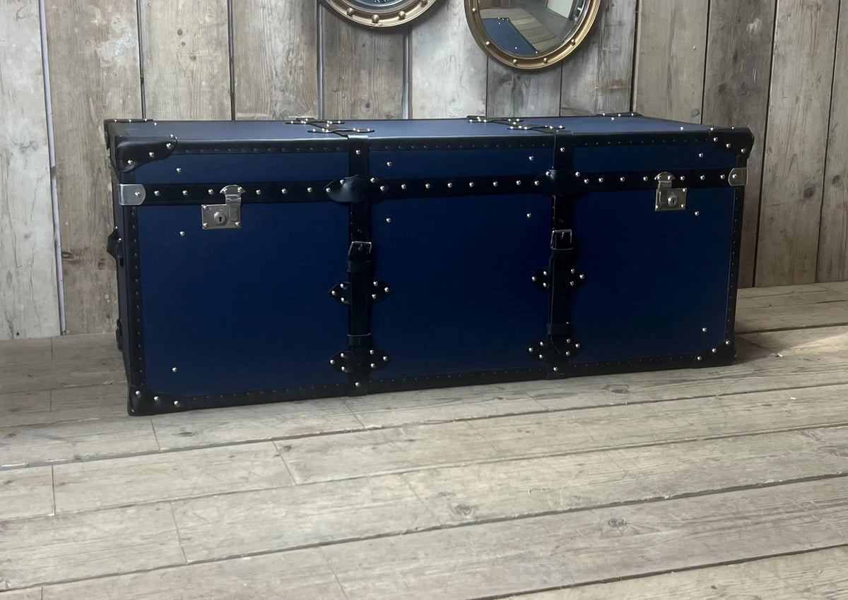 Handmade Leather Blue Ottoman Vintage Storage Chests, Custom Made Furniture