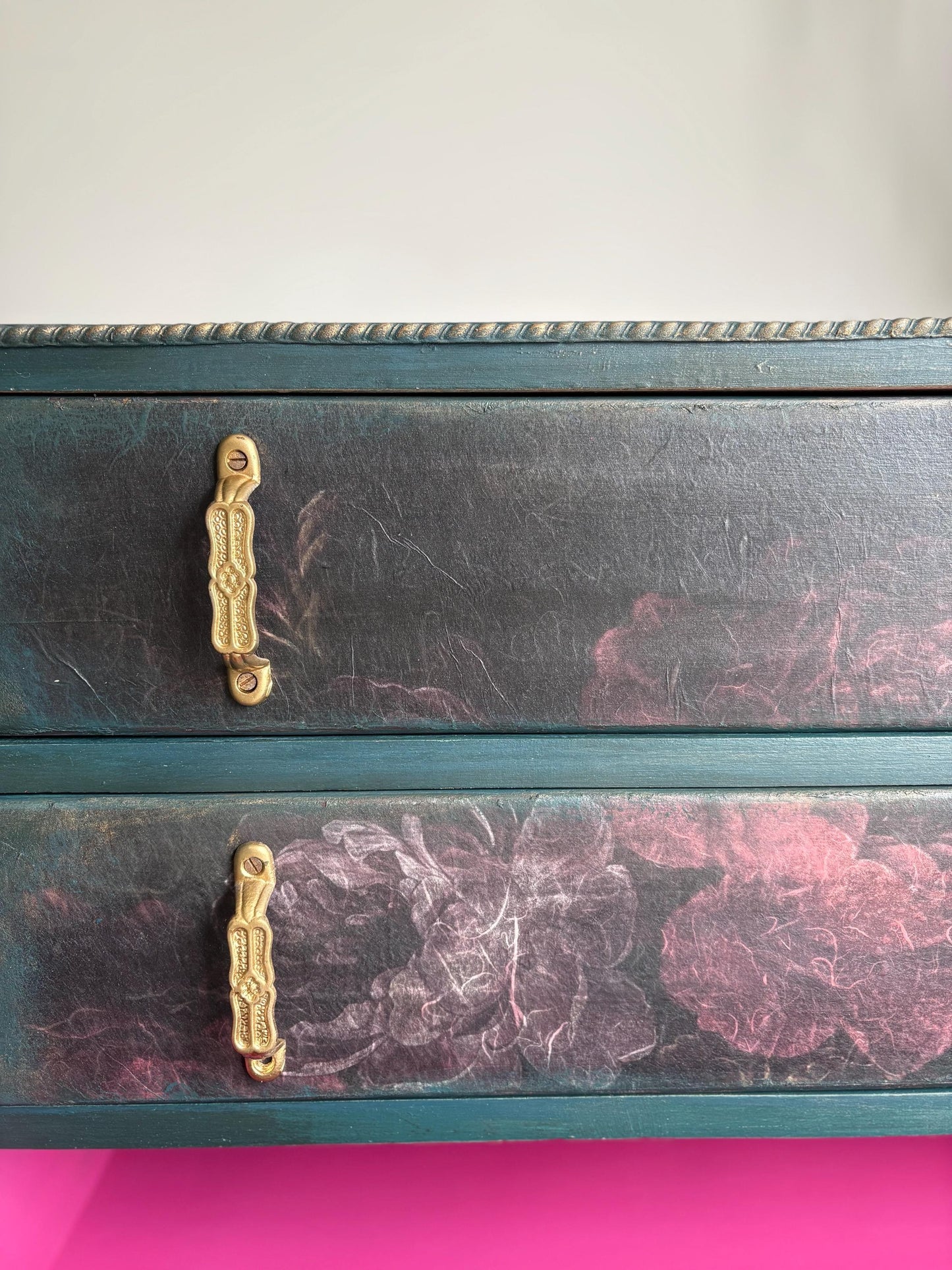 Dark Green and Floral Vintage Oak Chest of Drawers | Hand Painted Dresser