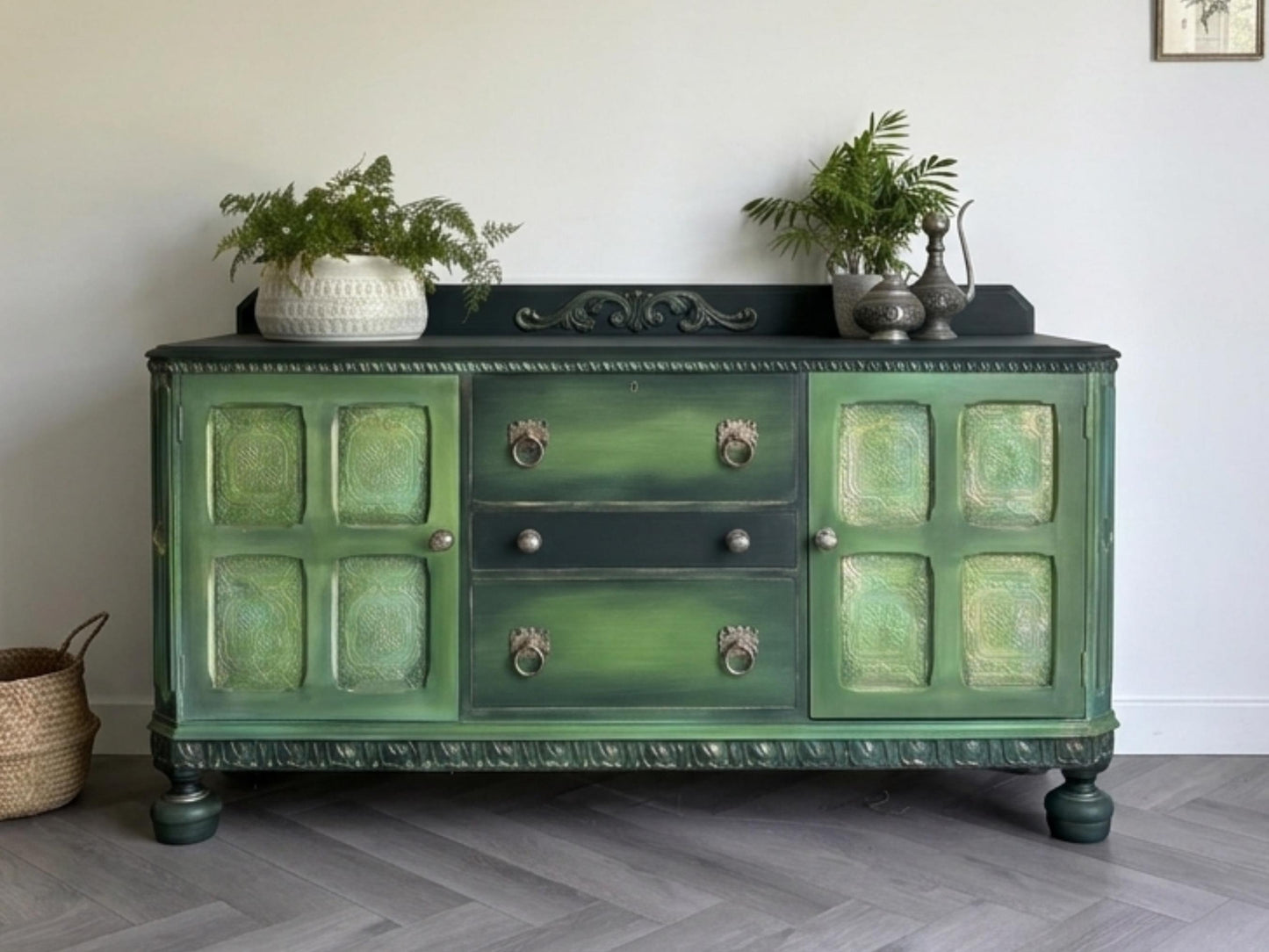 Hand Painted Oak Sideboard | Upcycled Dark Green Storage Vintage Cabinet