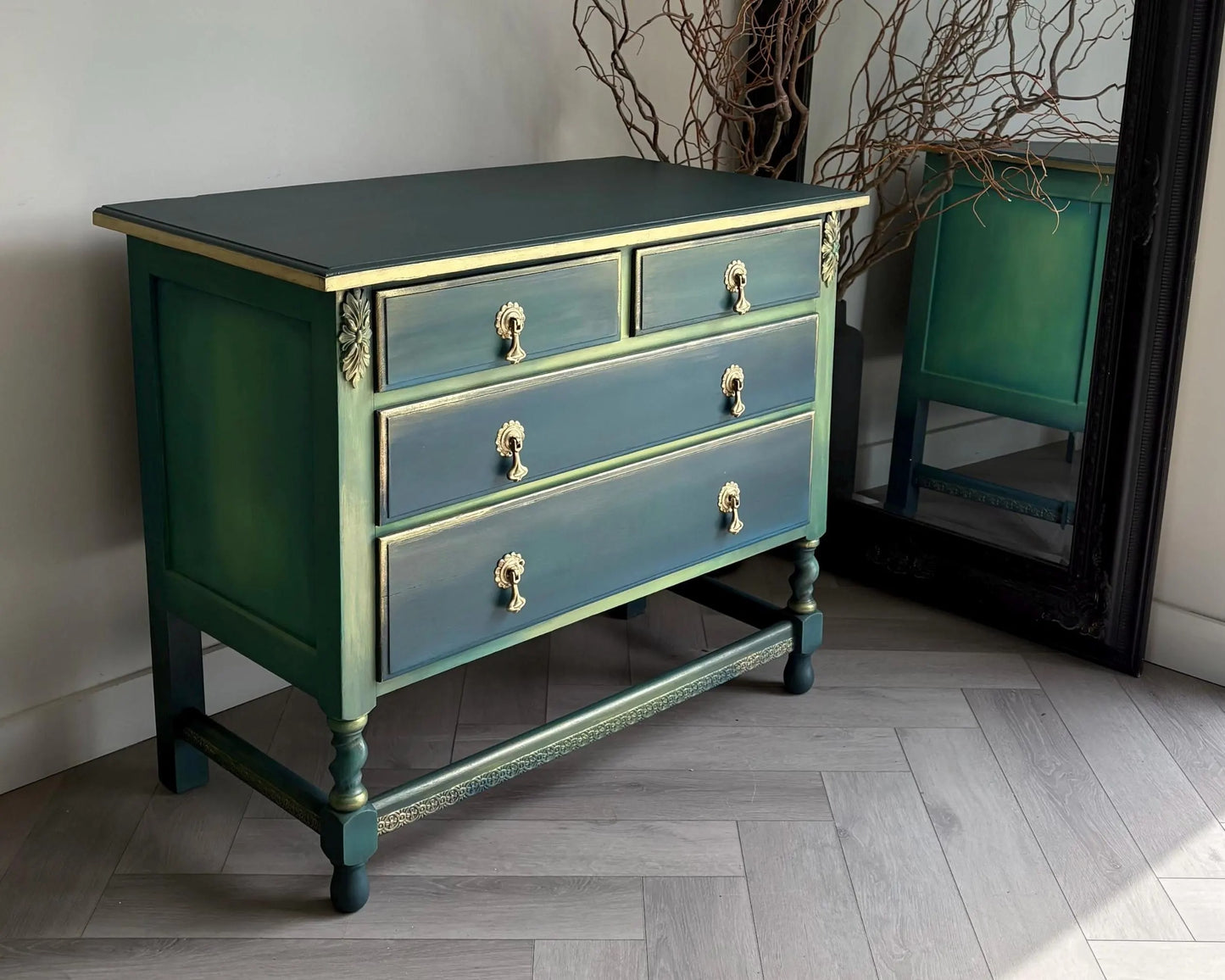Teal Green Vintage Hand Painted Chest of Drawers | 1930s Oak Dresser | Upcycled Statement Furniture