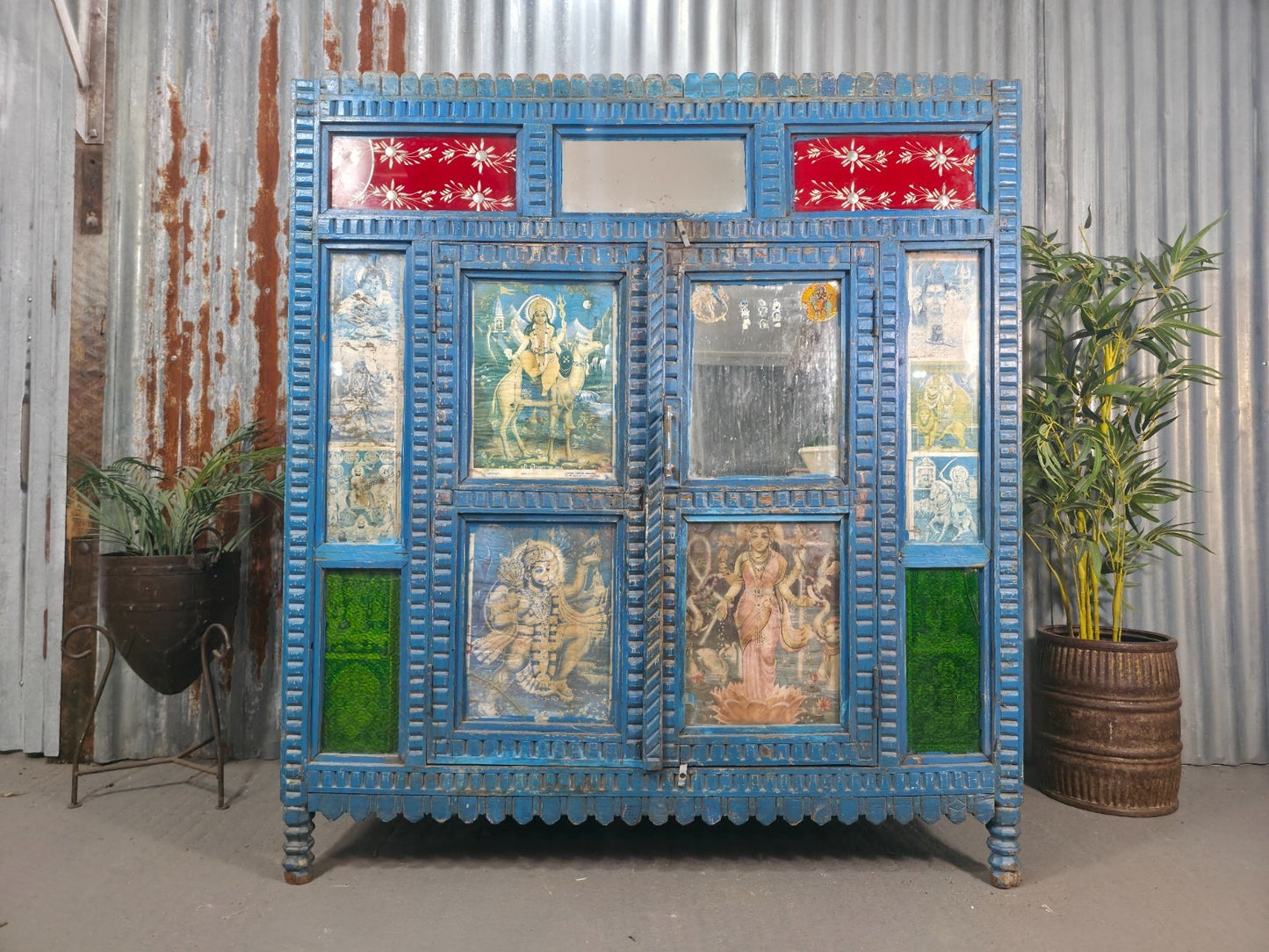 Blue Vintage Indian Glazed Colonial Wooden Kitchen Bathroom Drinks Cocktail Cabinet