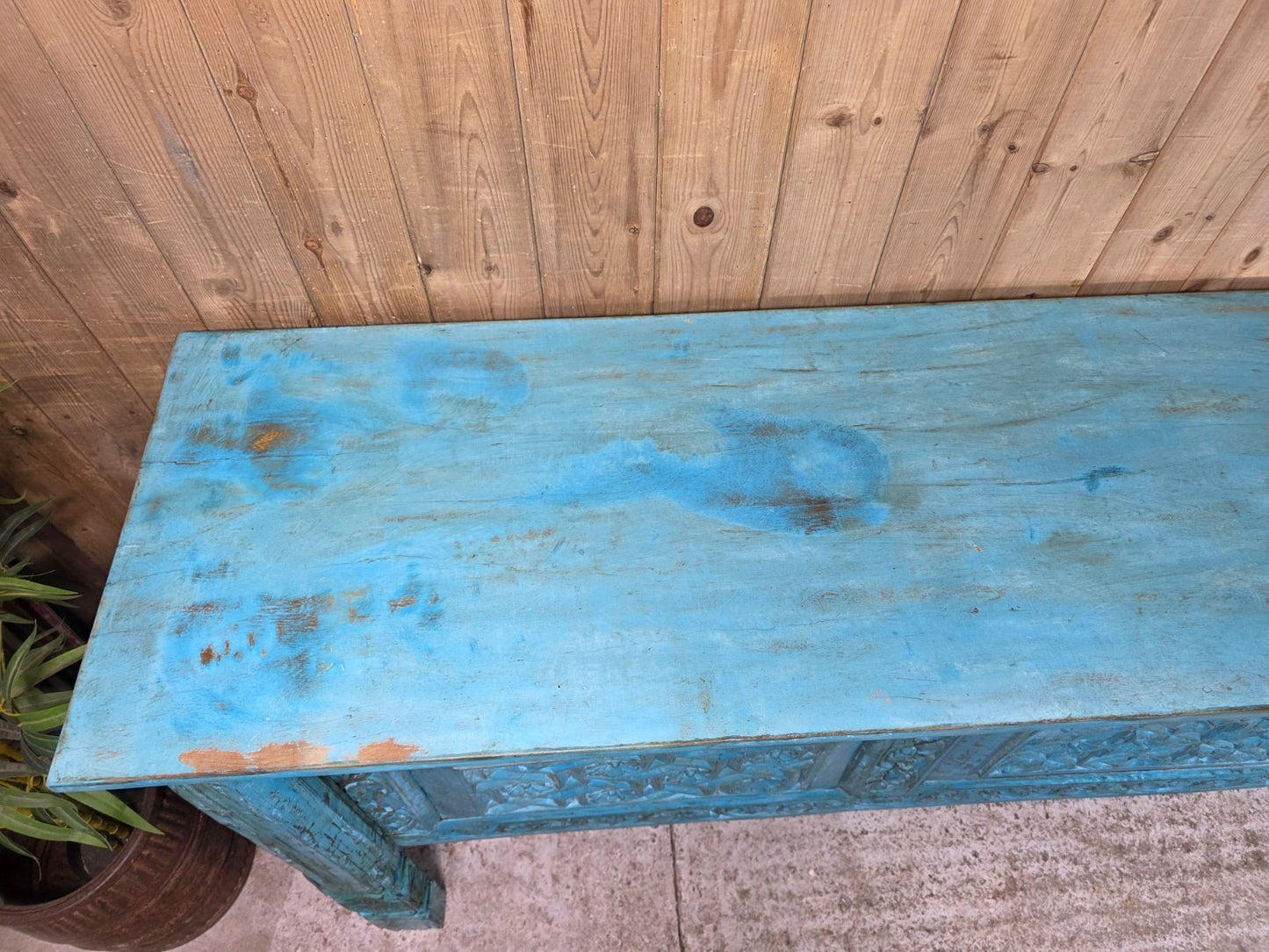 Blue Vintage Solid Wooden Carved Hallway Console Table